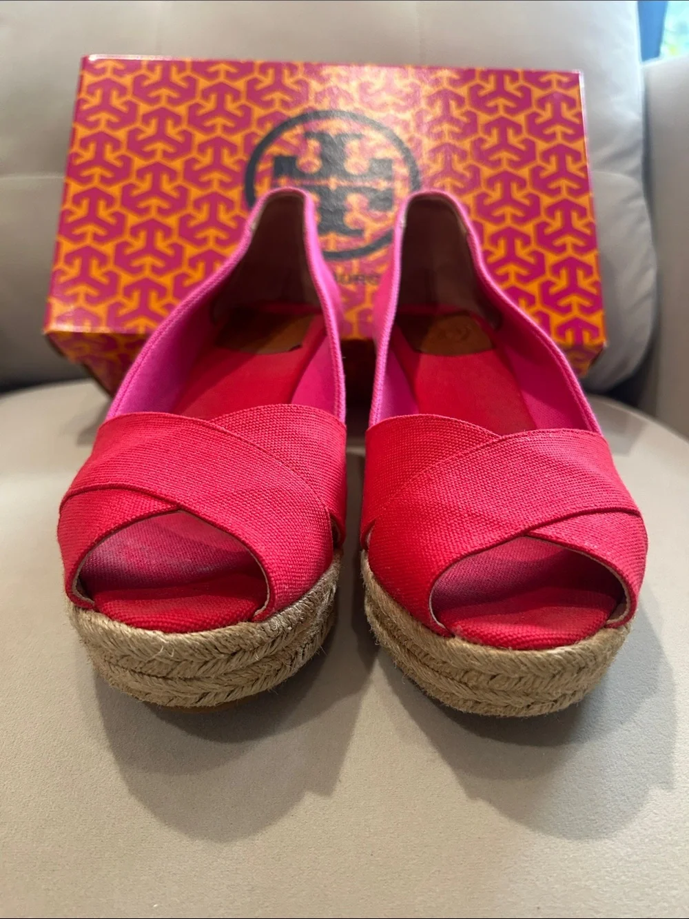 Tory Burch Two-Tone Pink and Red Canvas Wedge Espadrille